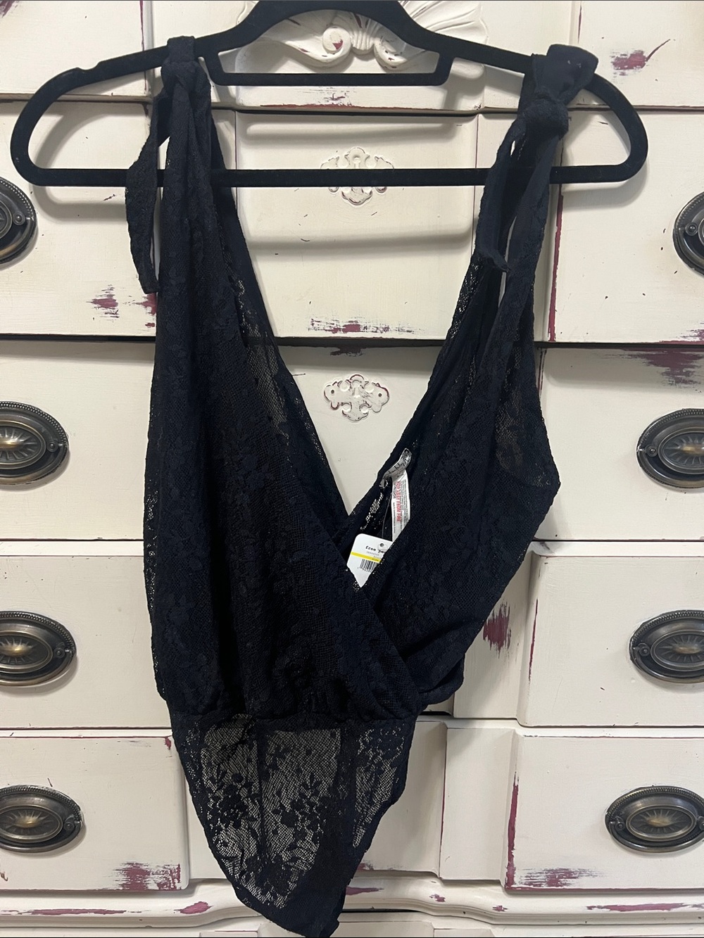 Black Lace Tie-Shoulder Bodysuit - Women's Feminine Top
